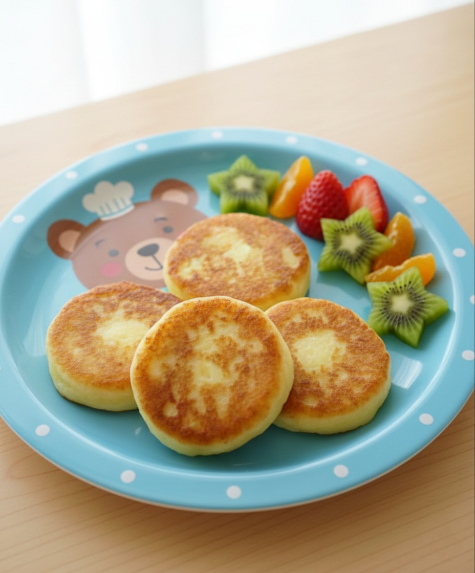 곰돌이가 그려진 푸른 접시에 알록달록 과일들과 함께 있는 치즈감자호떡.