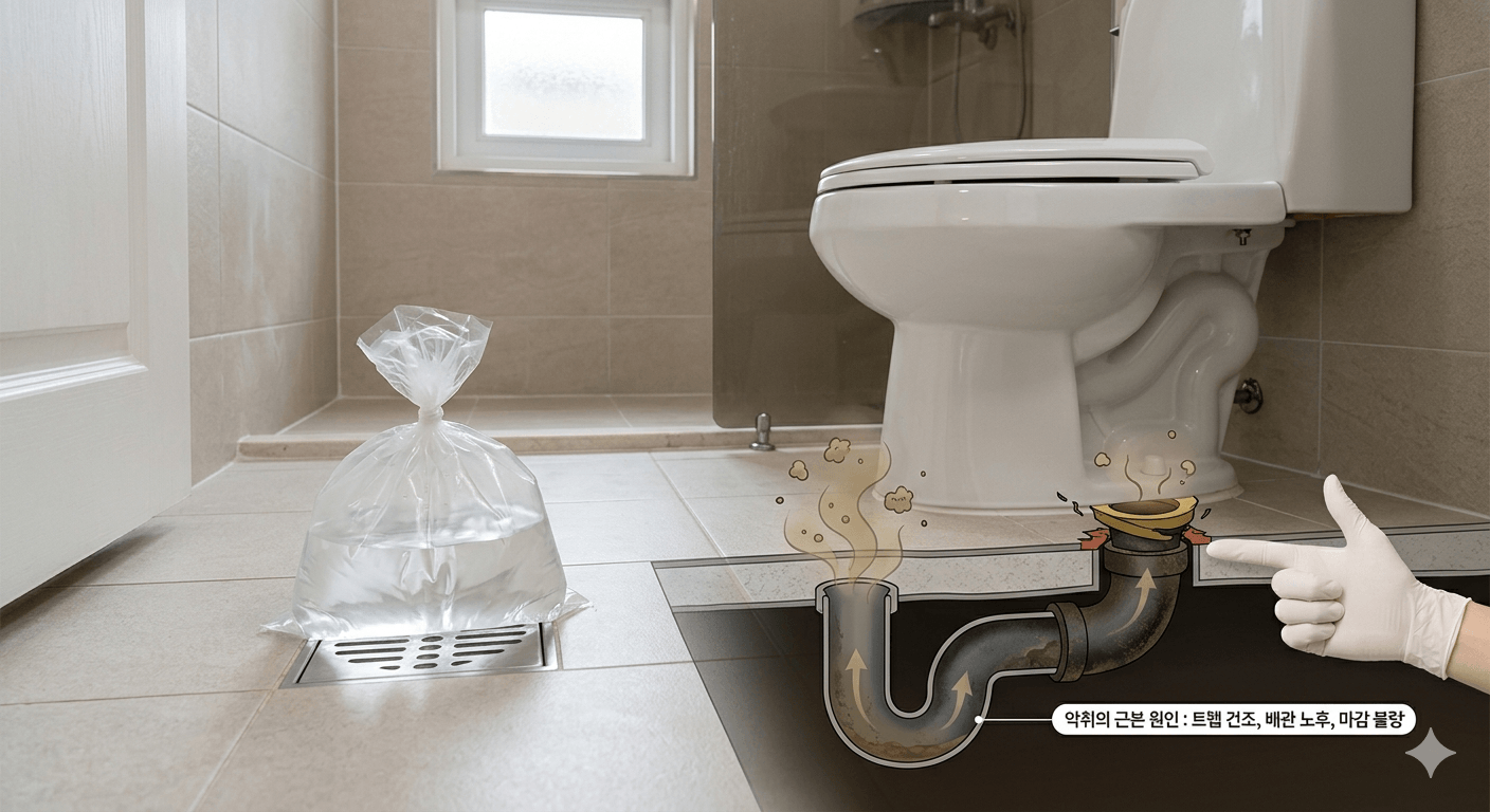 화장실 하수구 냄새의 원인(노후 배관, 트랩 건조, 변기 마감 불량) 과 비닐봉지를 이용한 임시 차단 방법