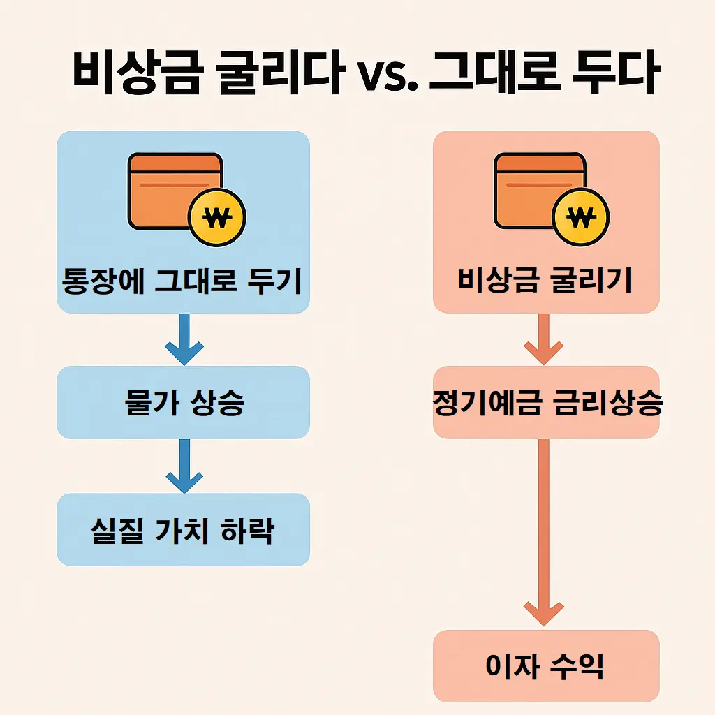 비상금을 통장에 두는 것과 초단기 상품에 투자하는 경우의 비교 흐름도 – 물가 상승과 금리 수익 차이를 시각화