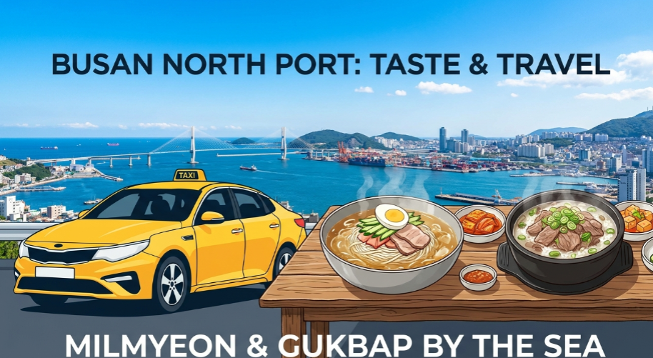 부산항의 푸른 바다를 배경으로 한 노란 택시와 화려한 음식 일러스트