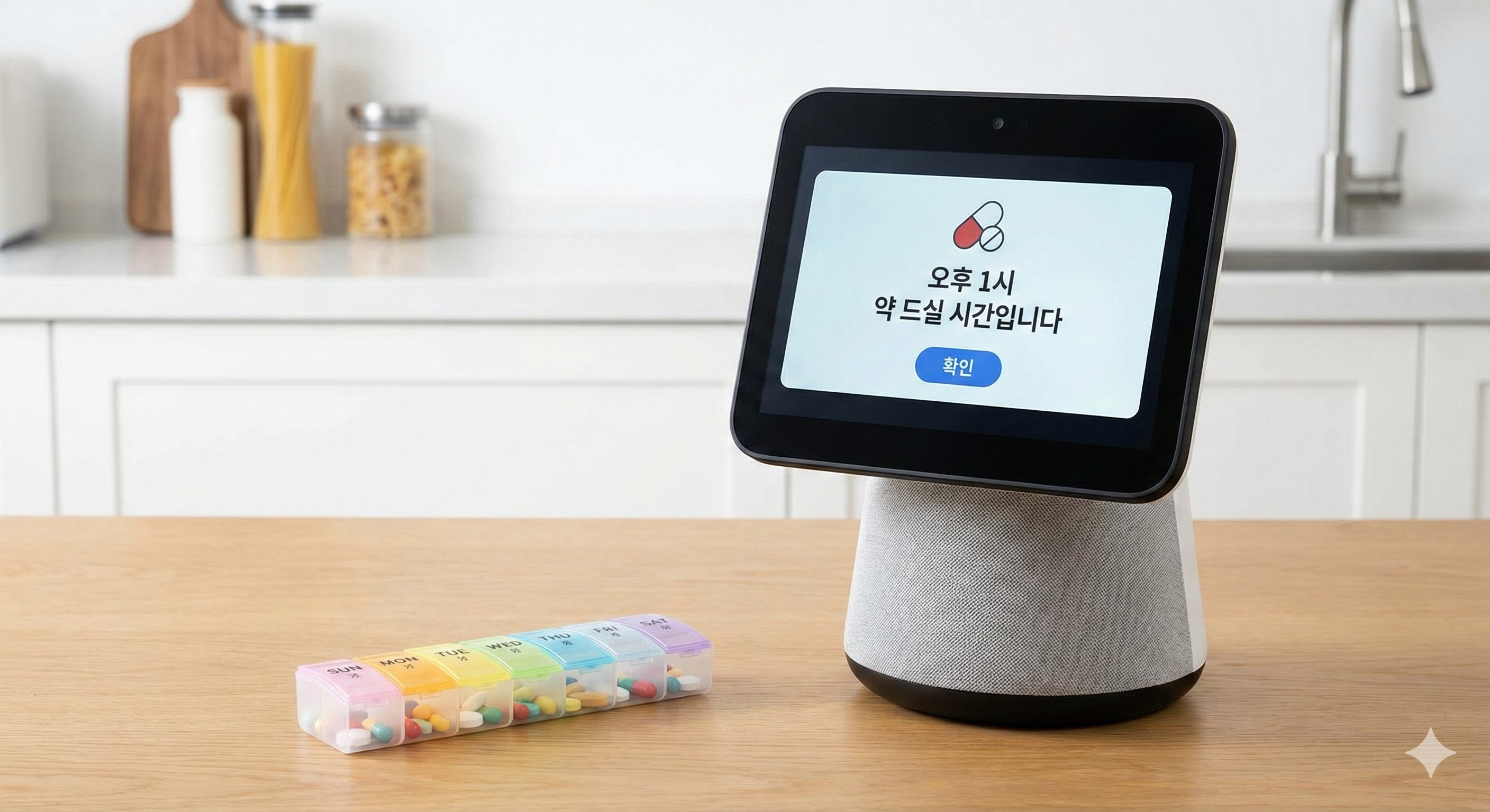 시니어 AI 로봇의 복약 알림 기능 화면과 약통