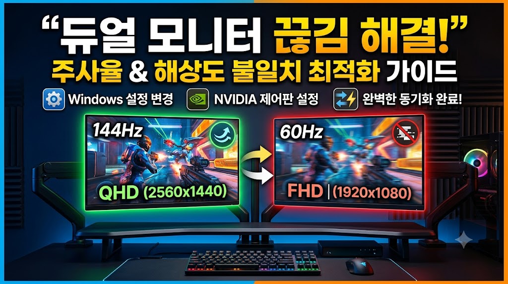 윈도우 11 및 10 환경에서 서로 다른 주사율과 해상도를 가진 듀얼 모니터 설정 화면