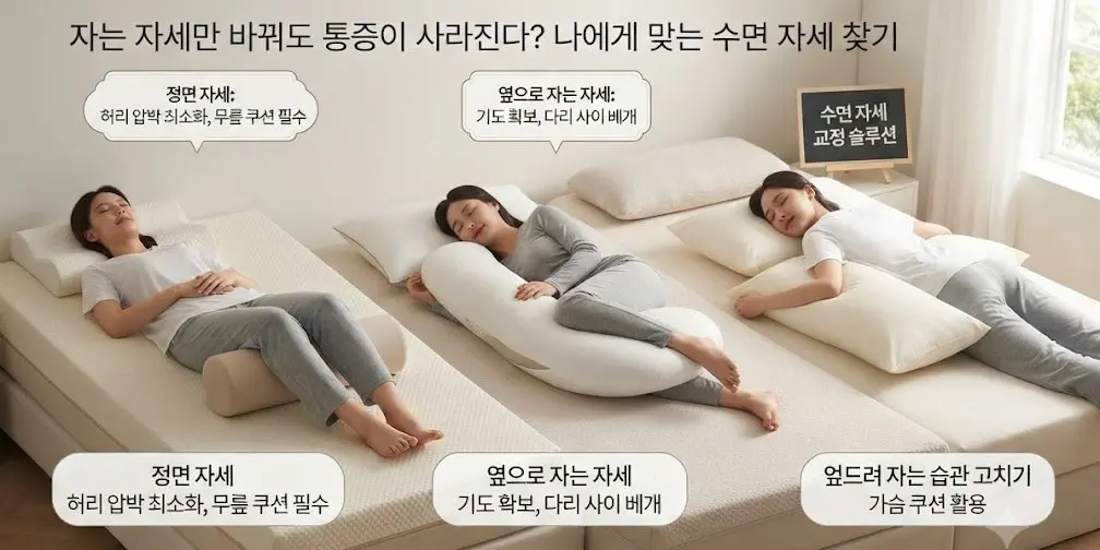 정면 자세와 옆으로 자는 자세의 올바른 수면 교정 솔루션을 설명하는 인포그래픽 이미지