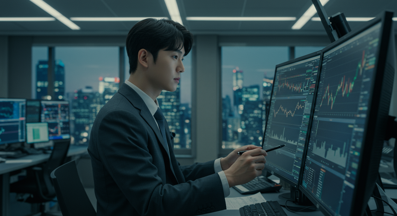 현대적인 사무실에서 디지털 화면으로 금융 차트를 분석하는 한국 주식 거래자