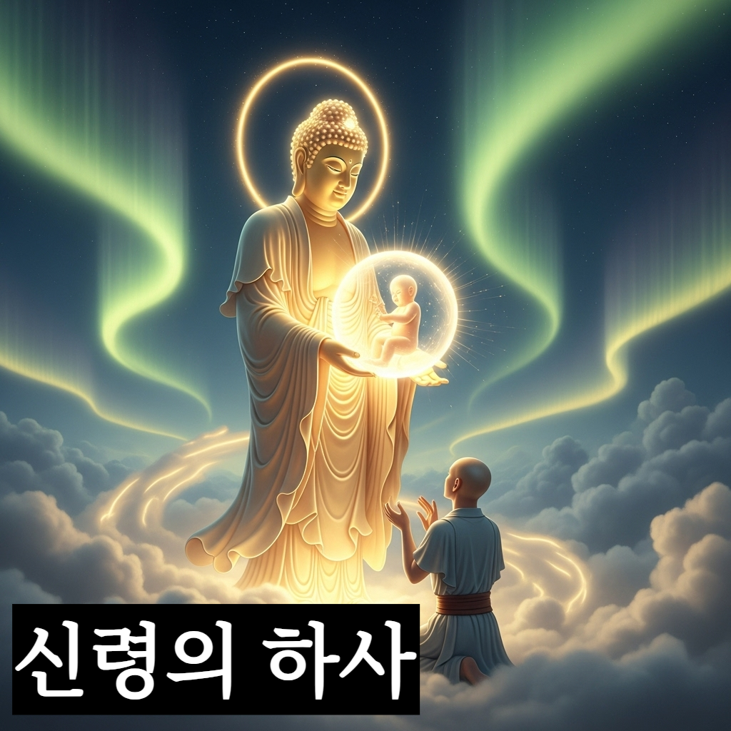 구름 위 신성한 빛 속에서 온화한 미소를 지은 부처님이 빛나는 아이 또는 황금 구슬을 건네주는 장엄한 일러스트