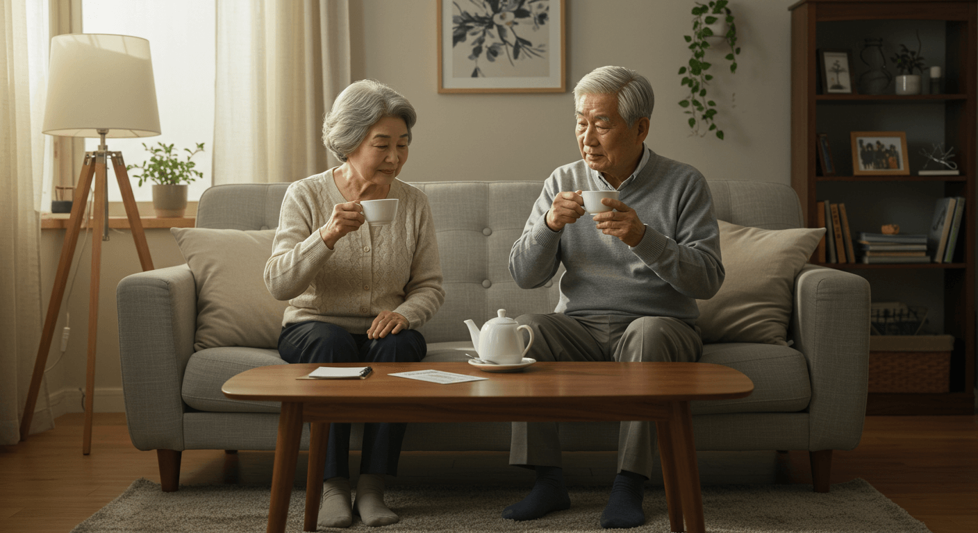 노부부가 차 한 잔을 마시는 모습