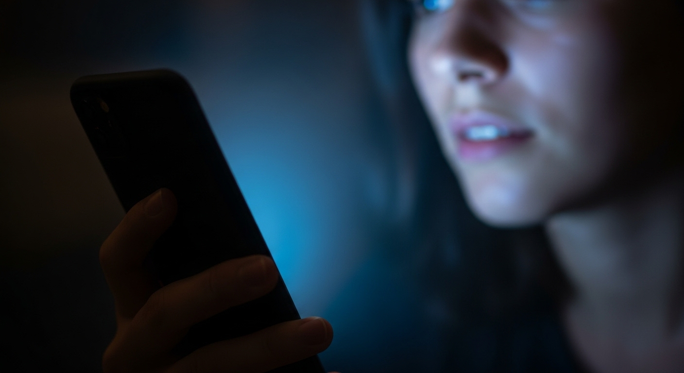 밤에 침대에서 스마트폰을 사용하며 블루라이트에 노출된 사람의 모습. 숙면을 방해하는 디지털 기기 사용 습관을 상징합니다.