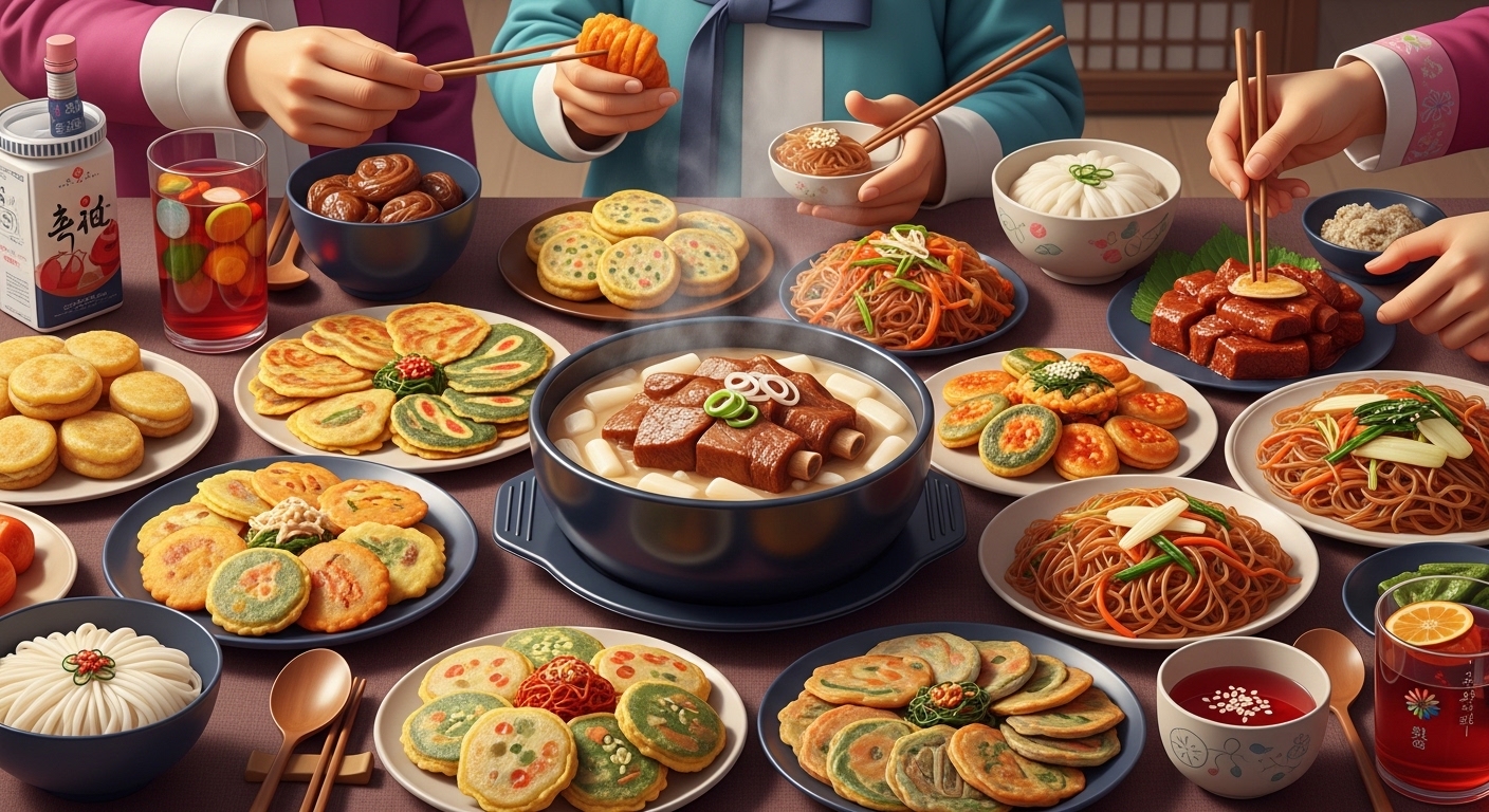 2026년 설날을 맞아 온 가족이 둘러앉아 떡국, 전, 갈비찜 등 푸짐하게 차려진 전통 설날 음식을 즐기는 따뜻한 상차림.