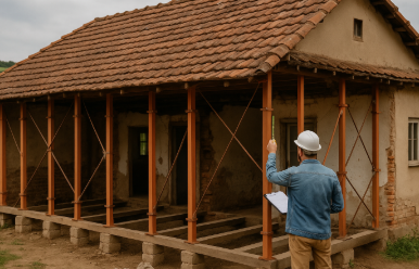 시골의 오래된 빈집을 보강하기 위해 철제 지지대를 설치하고, 작업자가 구조를 측정하며 리모델링을 준비하는 모습