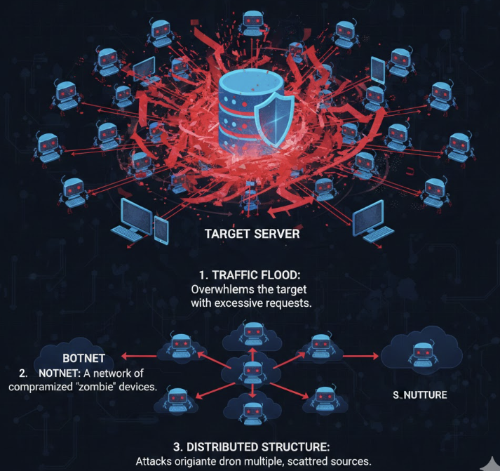DDoS 공격의 작동 원리를 도식화한 이미지입니다. 표적 서버(Target Server)로 수많은 요청이 집중되어 마비되는 상황을 보여줍니다.