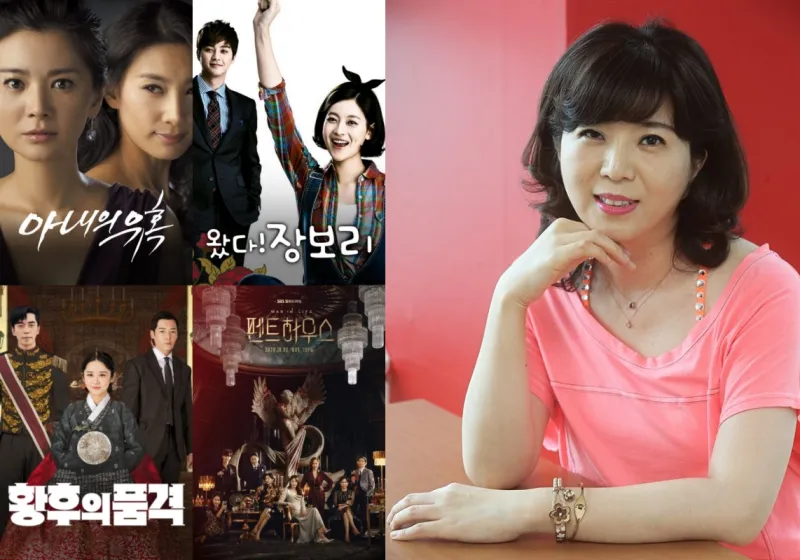 드라마 아내의 유혹, 왔다 장보리, 황후의 품격, 펜트하우스 드라마 표지와 이를 집필한 핑크색 반팔을 입고 앉아 있는 김순옥 작가