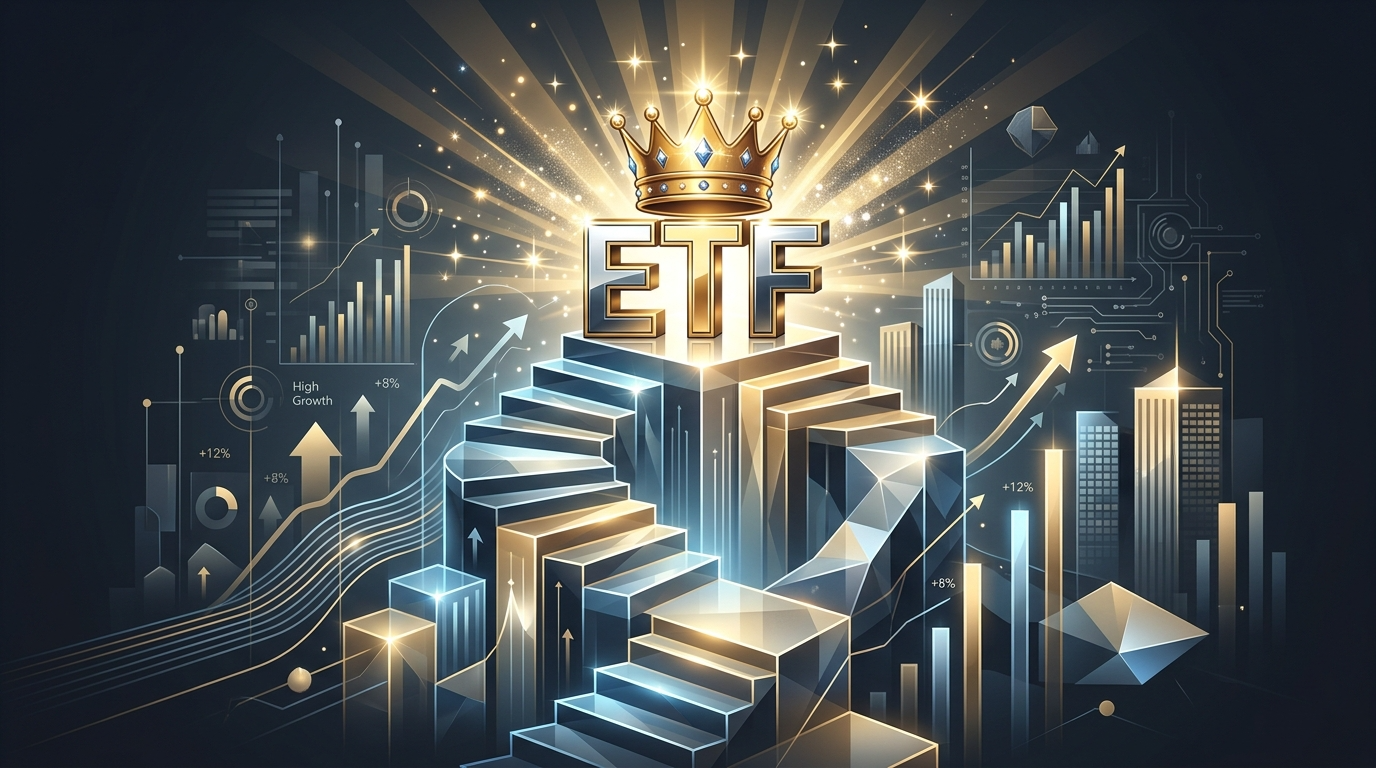 황금색 왕관을 쓴 ETF 로고가 수익률 계단 가장 높은 곳에 서 있는 인포그래픽