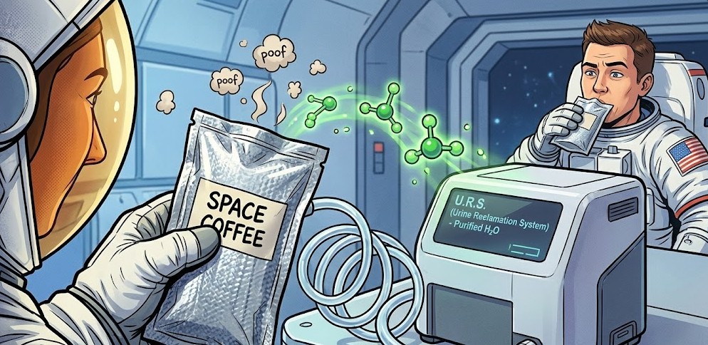 우주선 내부에서 소변을 식수로 정화하는 기계 시스템(U.R.S.)과 커피 파우치를 든 우주인의 코믹한 모습