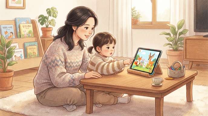 부모와 아이 함께 태블릿으로 학습