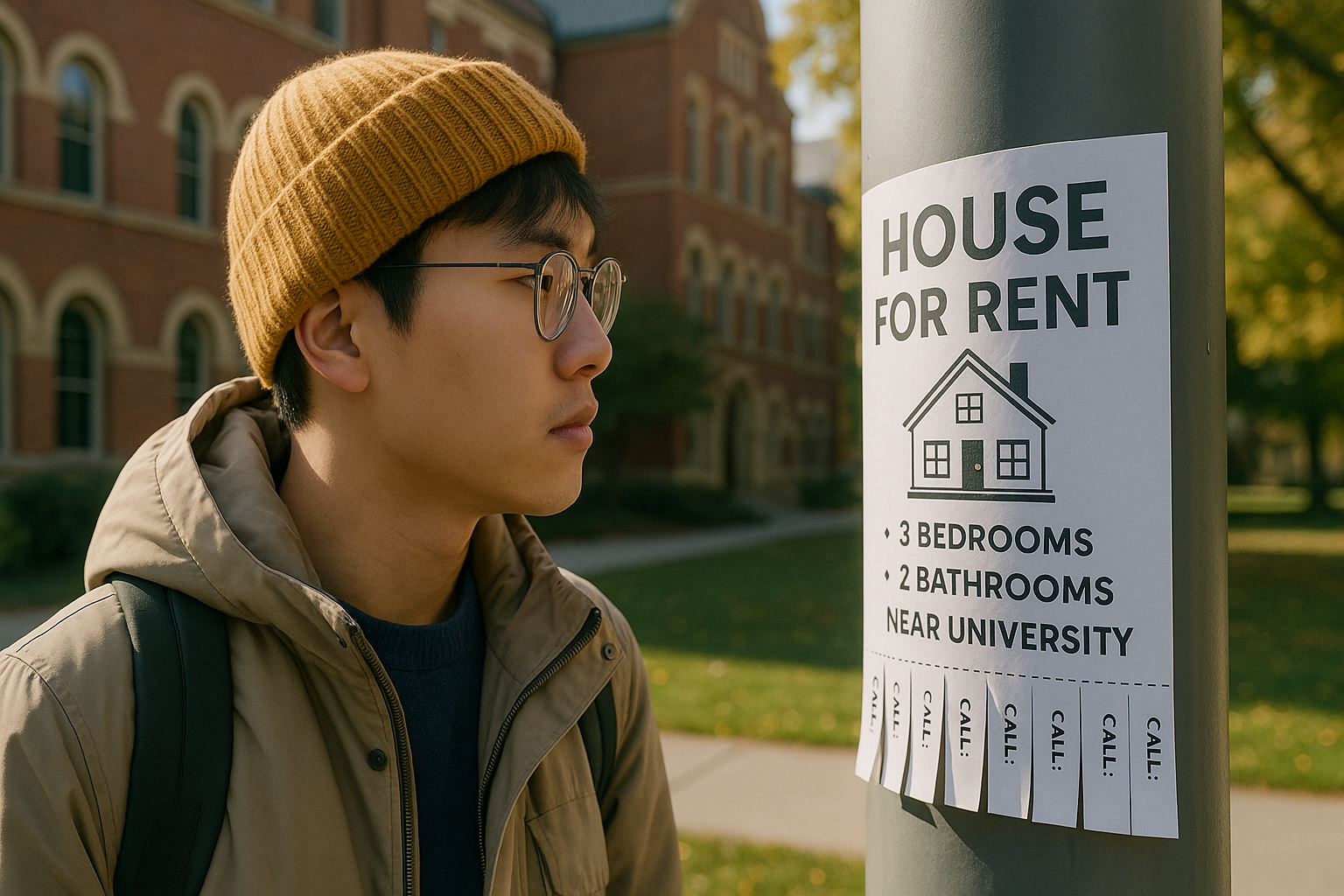 집을 구하는 전단지를 보고 있는 유학생