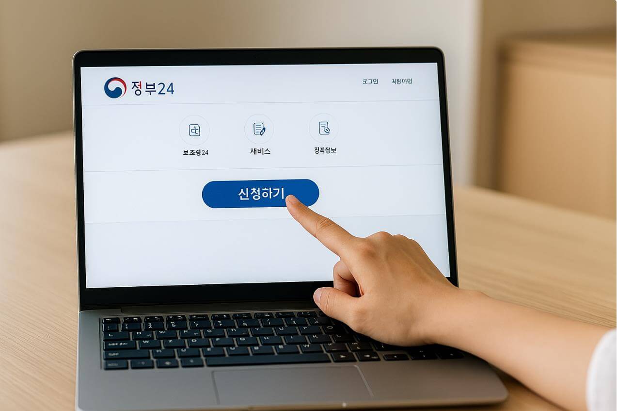 노트북 정부24 화면에서 &lsquo;신청하기&rsquo; 버튼 누르는 장면