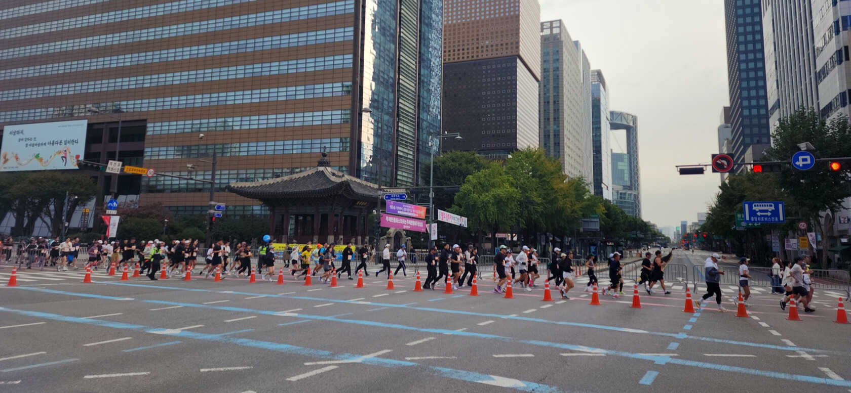 광화문대로를 따라 마라톤 참가자들이 줄지어 달리는 장면. 도심 빌딩과 도로가 함께 어우러진 풍경.