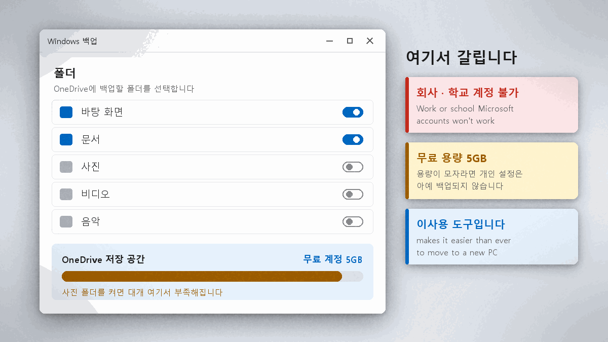 윈도우11 백업 설정에서 Windows 백업 앱 폴더 선택 화면
