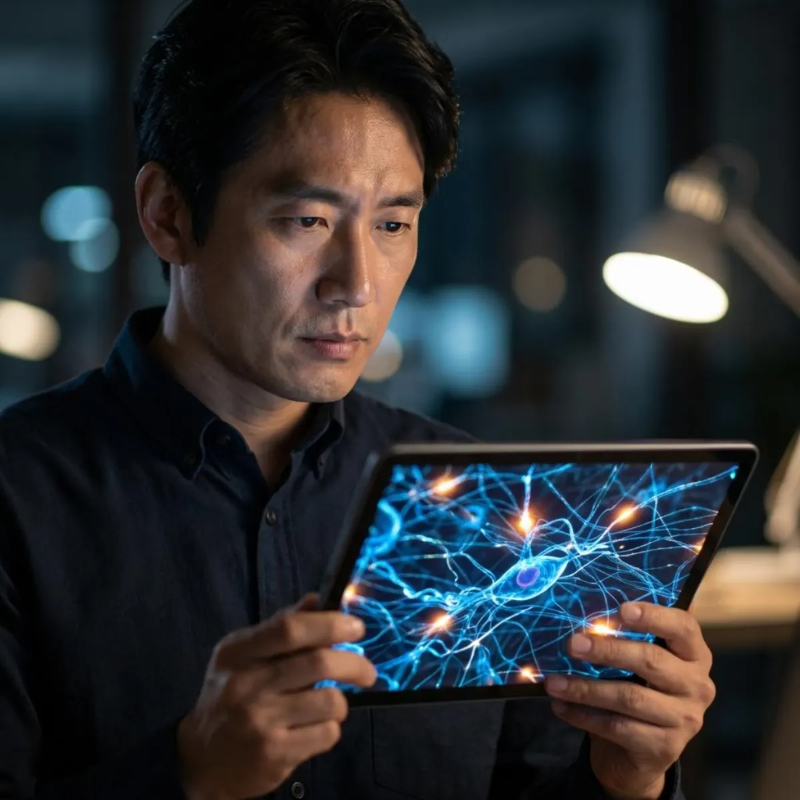 40대 직장인이 태블릿 화면에 띄워진 뇌 신경 시냅스 연결 구조 인포그래픽을 집중해서 살펴보고 있는 모습