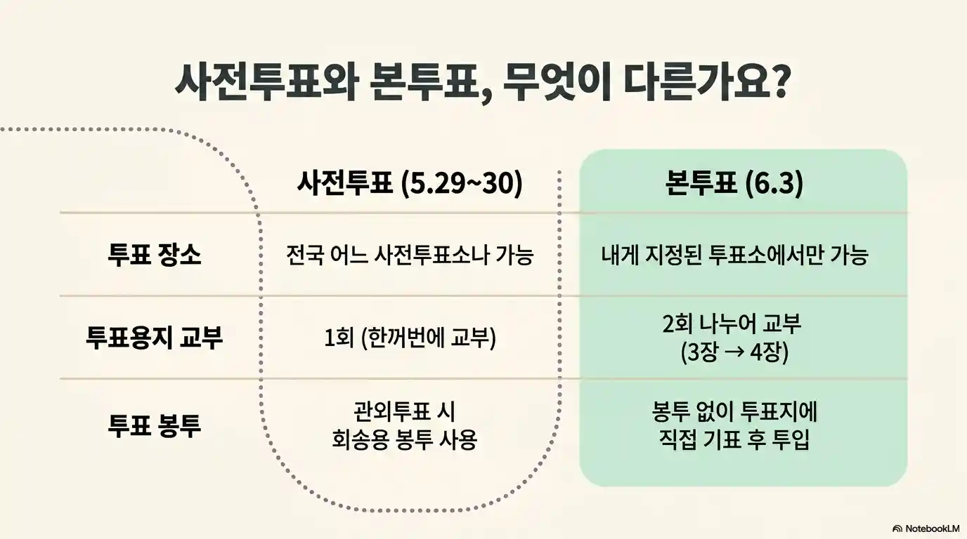 사전투표(5.29~30)와 본투표(6.3) 비교표 - 투표 장소&middot;투표용지 교부 횟수&middot;투표 봉투 사용 여부 차이 안내