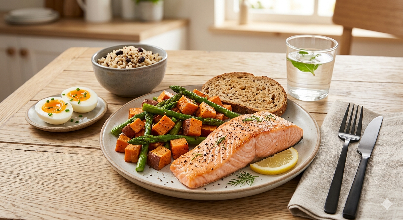 "부드러운 연어 필레와 halved 노른자 달걀, 아스파라거스와 고구마 등이 포함된 영양 성분이 풍부한 식단 사진, 비타민 D 부족 정보를 제공하는 블로그 이미지"