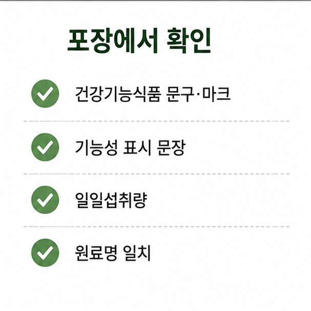 영양제 포장에서 확인할 항목, 건강기능식품 문구와 기능성 표시, 일일섭취량, 원료명을 정리한 체크리스트