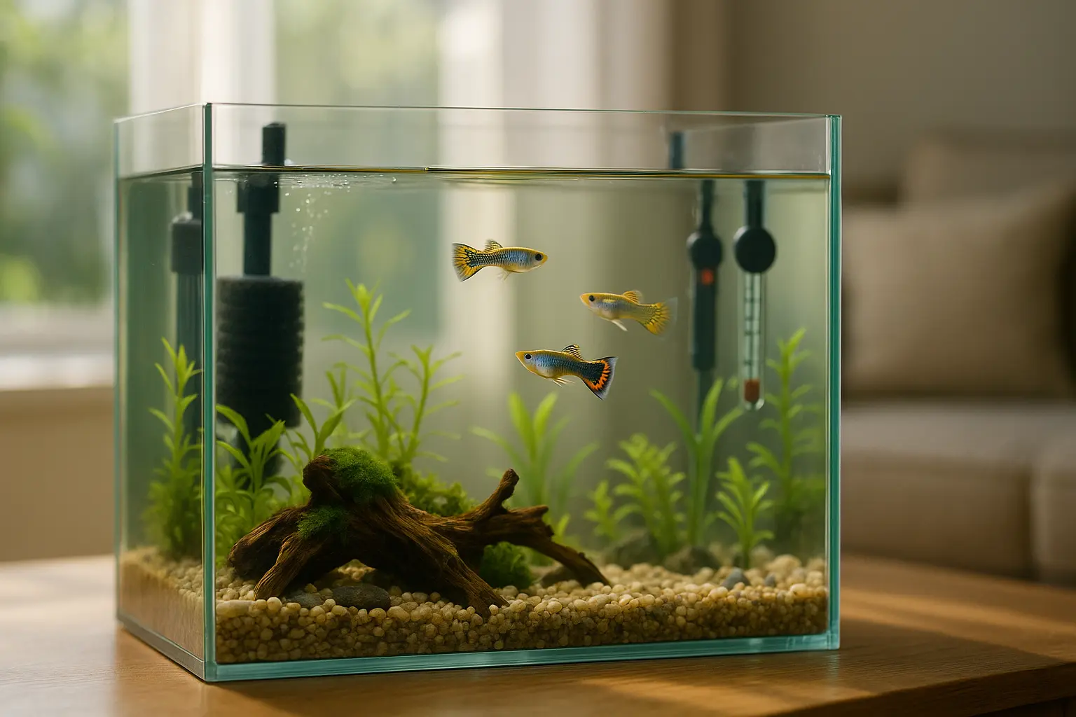 수초가 심어진 45리터 구피 어항 속에서 수컷 구피들이 유영하고 스펀지필터와 히터, 수온계가 보이는 깨끗한 열대어 수조 전경