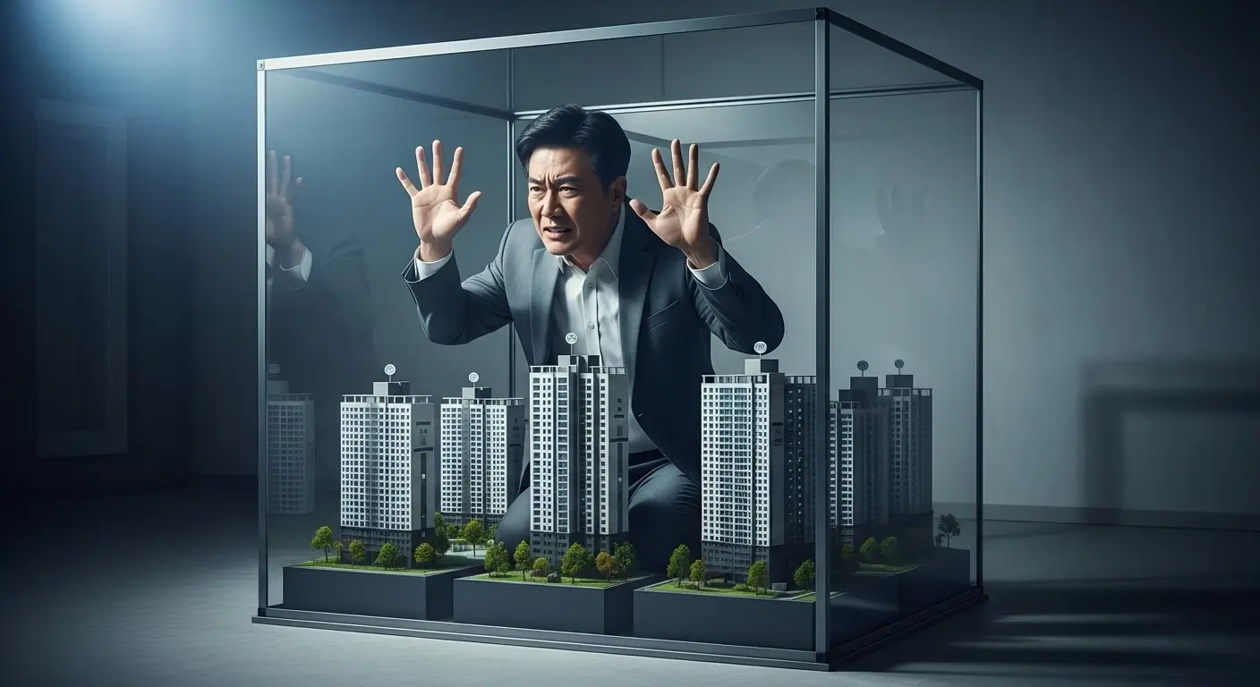 한 한국인 다주택자가 '규제지역'이라고 쓰인 투명한 상자 안에 갇혀 답답해하는 모습