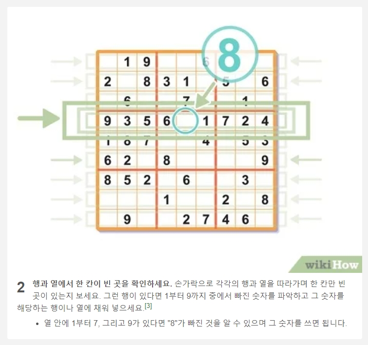 가로줄과 세로줄을 이용하여 빈칸의 숫자를 추리하는 모습