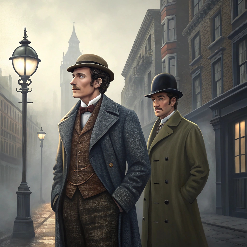 클래식한 영국 정장을 입고 셜록 홈즈 옆에 서 있는 왓슨 박사