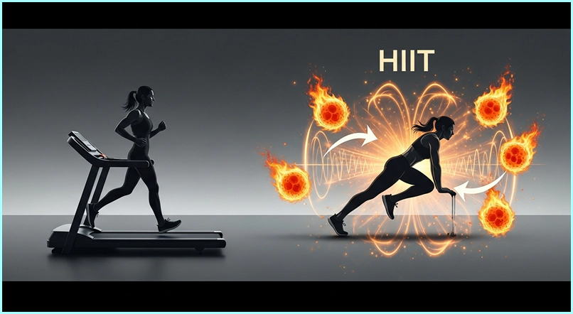 러닝머신 위 유산소 운동과 대비되게, 짧고 강렬한 HIIT 운동 후 애프터번 효과로 지방이 불타는 모습을 표현한 이미지.
