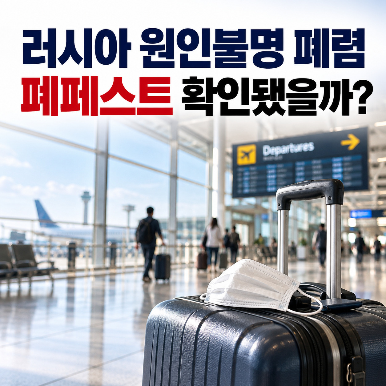 공항 출국장 여행가방 위 마스크와 러시아 원인불명 폐렴 안내 문구
