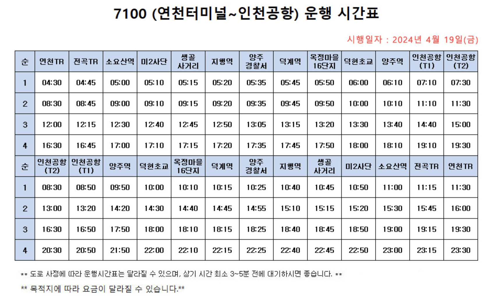 공항버스 시간표 (7100, 7200, 7300, 7400, 7500, 7600) 2025년 최신