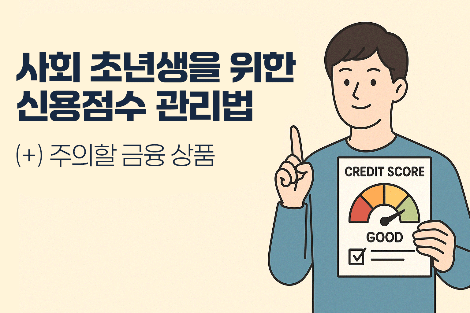 사회초년생을 위한 신용점수 관리법 및 주의할 금융상품 안내 - 신용점수 'GOOD'을 든 청년 일러스트