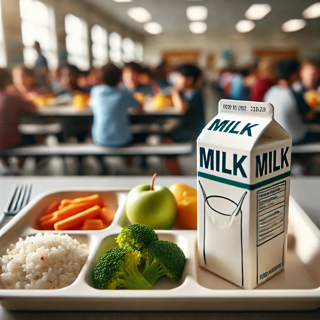 학교 점심시간에 학생들의 식판 위에 우유가 있음