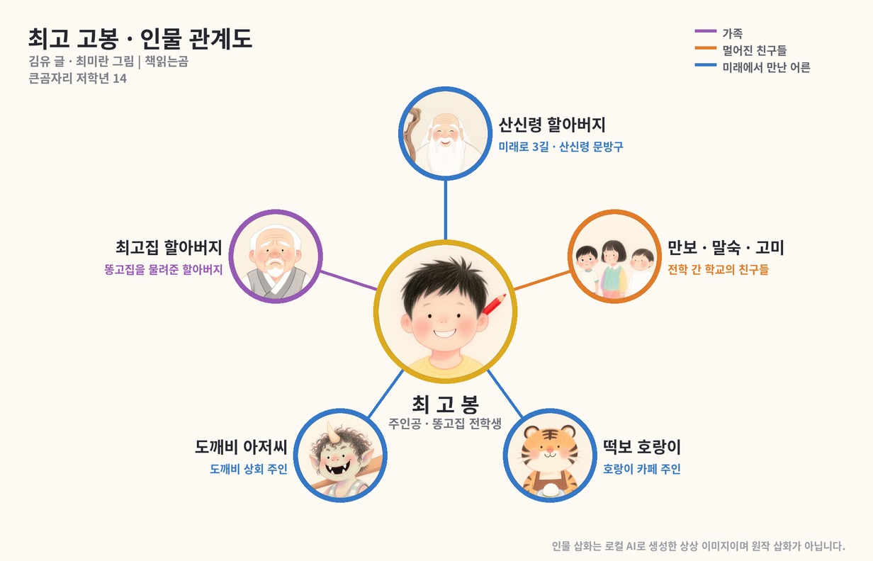 최고 고봉 인물관계도: 최고봉을 중심으로 할아버지, 만보&middot;말숙&middot;고미, 산신령, 떡보 호랑이, 도깨비 아저씨