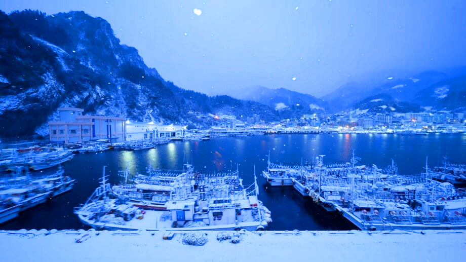 눈으로 덮인 울릉도 항구 전경