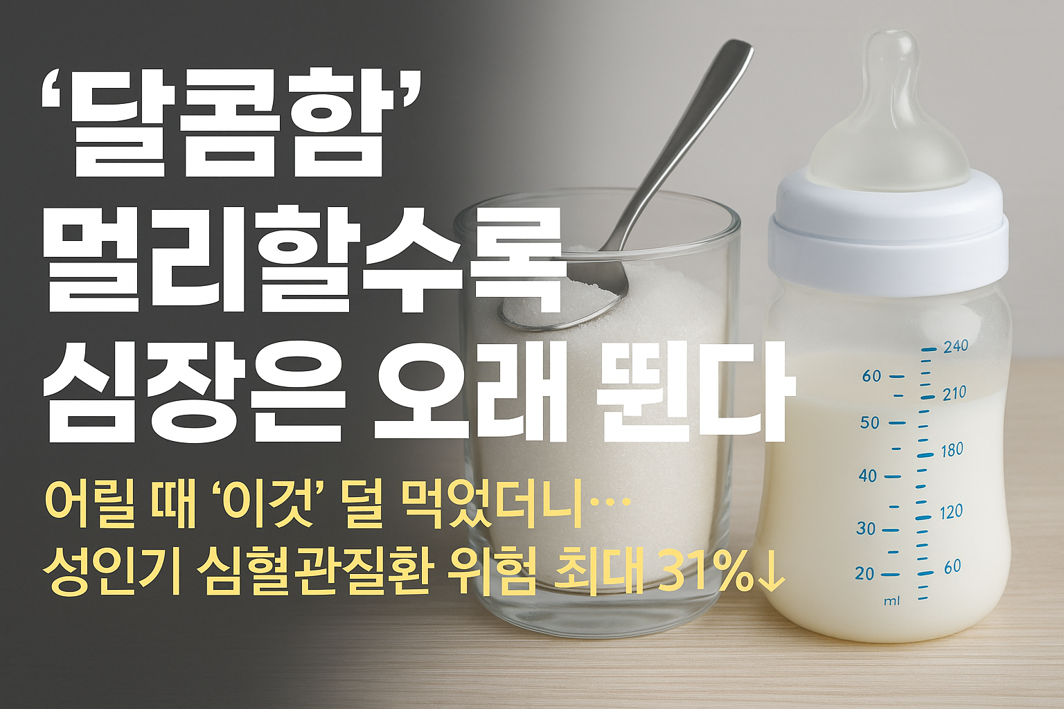 “유리컵에 담긴 설탕과 아기 젖병이 함께 놓인 장면 — 생애 첫 1000일 동안의 설탕 섭취와 심장 건강의 관계를 상징하는 이미지”