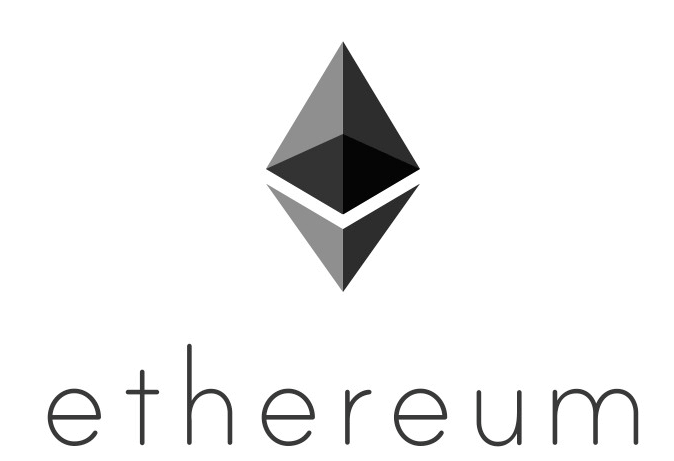 이더리움의 메인로고 다이아 모양의 검은색과 흑색이 조화롭게 이루어 져있다. 영어로 ethereum 이라고 써져있다 하얀바탕에 검은색 글씨다.
