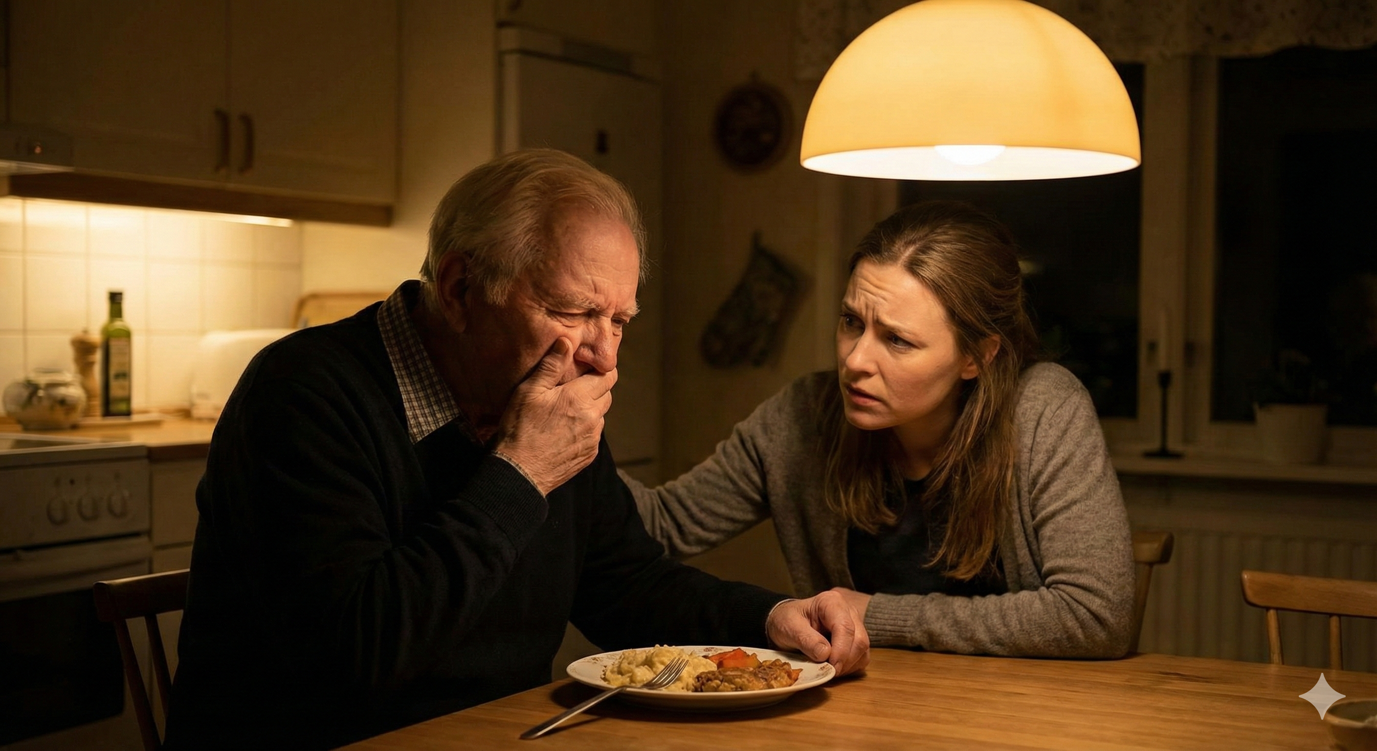 치아 통증으로 식사를 제대로 못 하시고 입을 가리는 부모님과 이를 걱정스럽게 바라보는 자녀