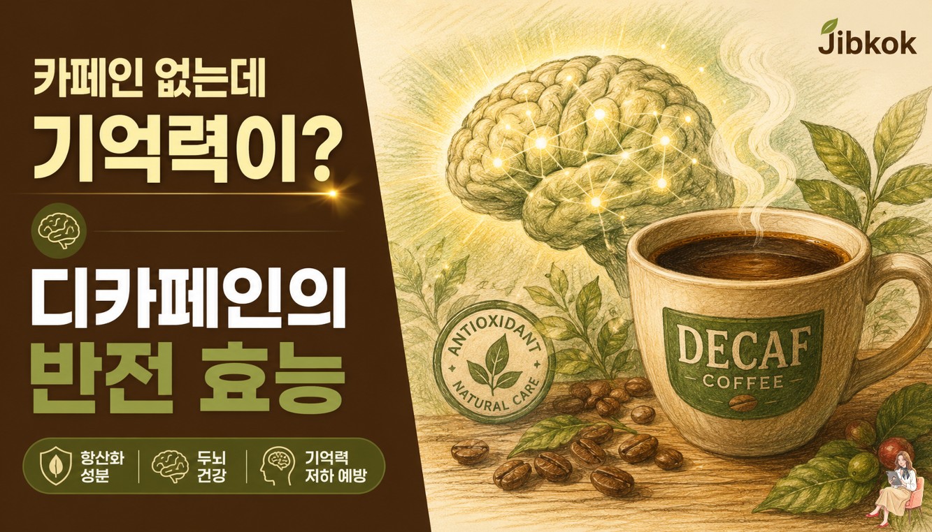 디카페인 커피와 두뇌 건강 효능을 표현한 색연필 스타일 썸네일 일러스트. 커피잔, 뇌 활성화 이미지, 항산화 성분과 기억력 예방 메시지를 따뜻한 브라운과 올리브 그린 컬러로 표현한 건강 콘텐츠 디자인.