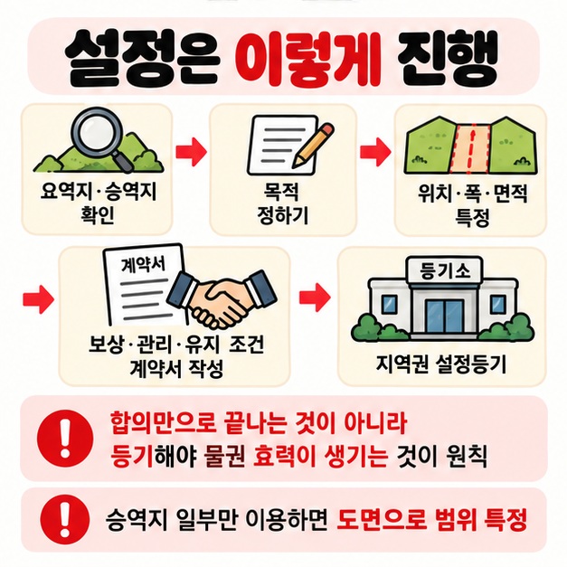 요역지와 승역지 확인 목적과 범위 합의 계약서 작성 지역권 설정등기 순서와 승역지 일부라면 도면으로 범위를 특정하는 과정을 보여주는 카드