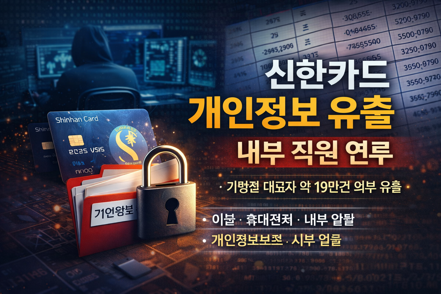 신한카드에서 가맹점 대표자 개인정보 약 19만 건이 유출된 사건을 정리합니다. 해킹이 아닌 내부 직원 일탈로 확인됐고, 유출 항목·발생 기간·조치·수사 진행과 체크포인트까지 담았습니다