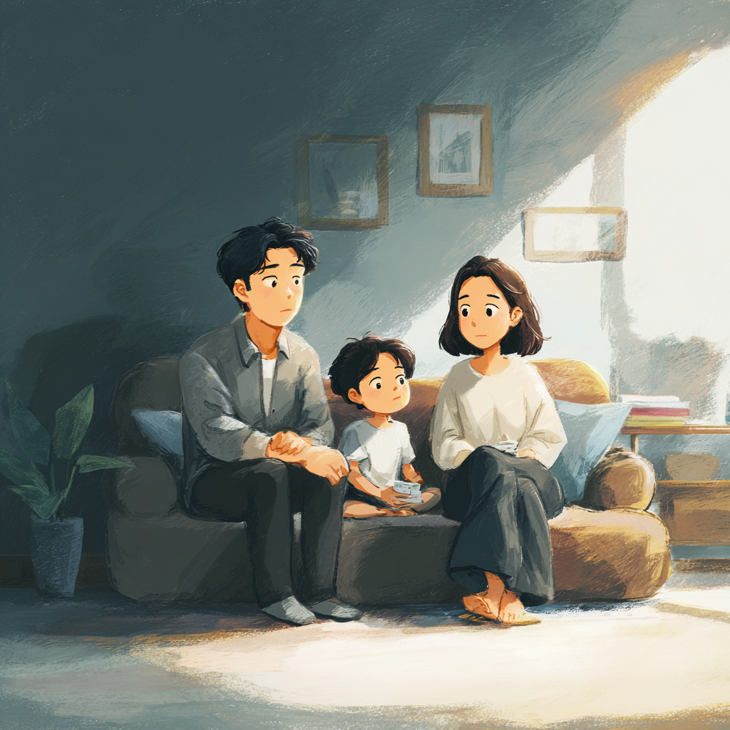 부모가 아이를 바라보며 아이의 미래를 대비해 종신보험에 대해 고민하는 이미지