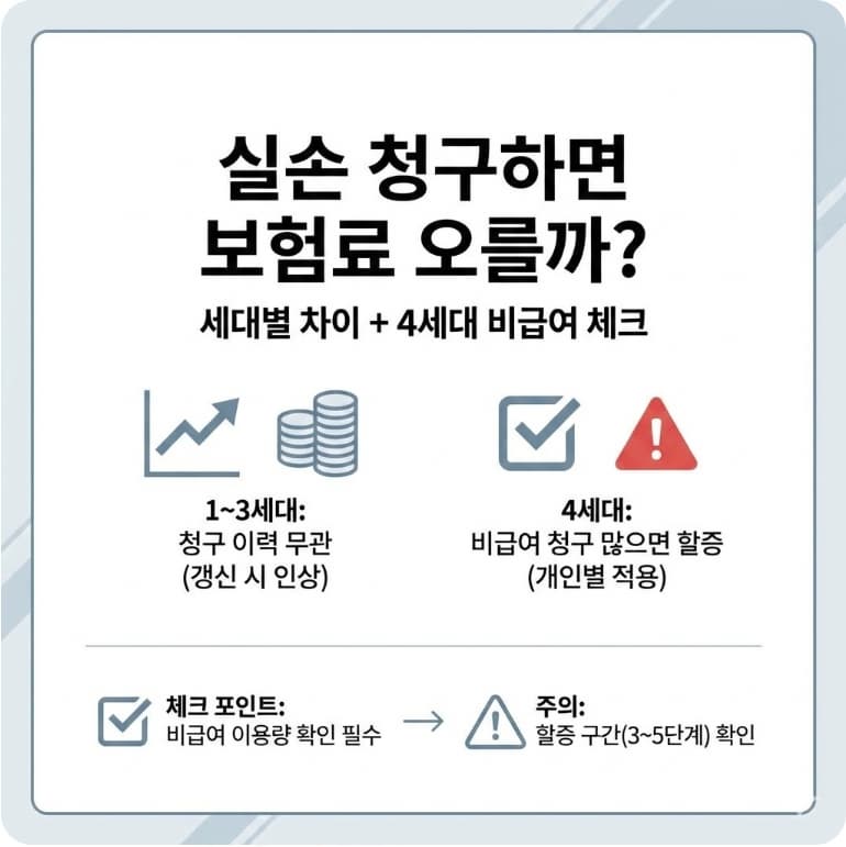 실손보험 청구가 보험료에 미치는 영향을 세대별로 정리하고 4세대 비급여 체크 포인트를 강조한 인포그래픽