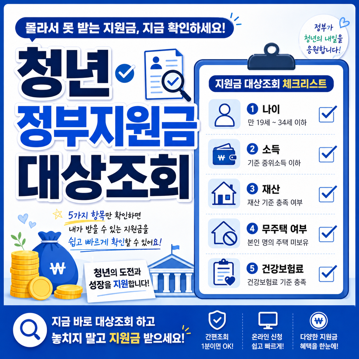 청년 정부지원금 대상조회 체크리스트 이미지로, 나이&middot;소득&middot;재산&middot;무주택 여부&middot;건강보험료 항목을 아이콘과 큰 글씨로 정리한 파란색 카드뉴스 디자인이다.