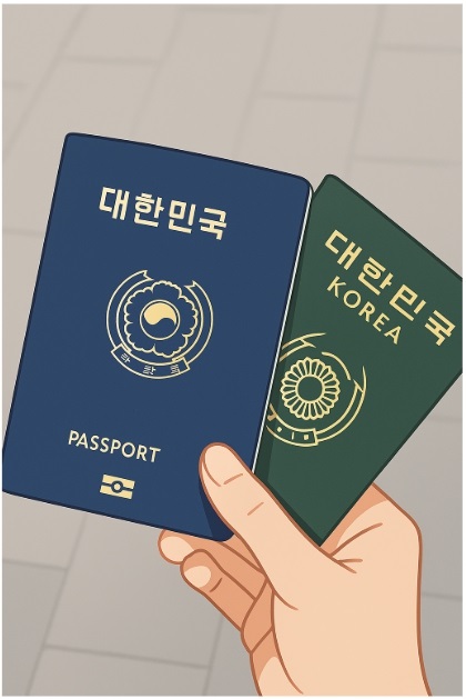 대한민국의 구여권과 신여권을 이미지로 만든 그림입니다. 한 손에 두 여권을 들고 있는 그림입니다.