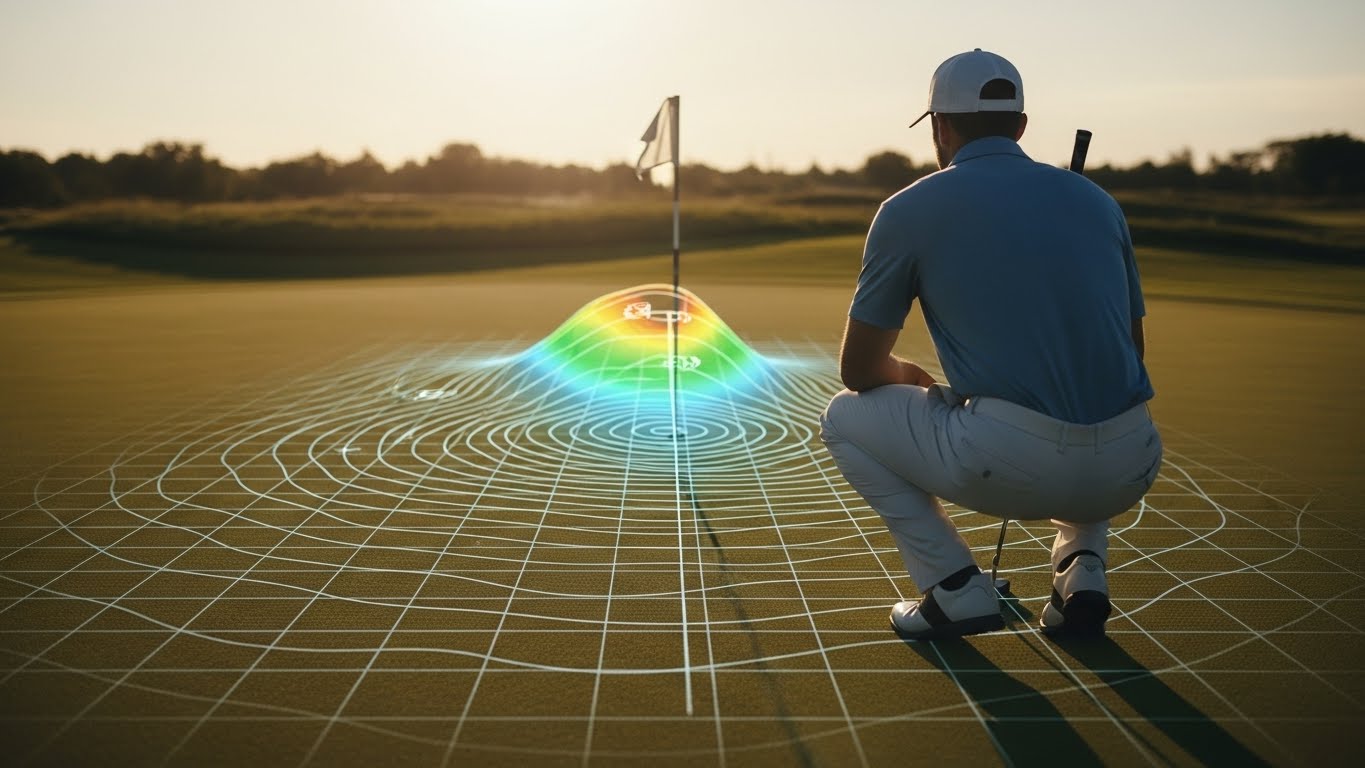 골프 퍼팅 그린 리딩 시 경사와 브레이크 라인을 분석하는 시각화 이미지