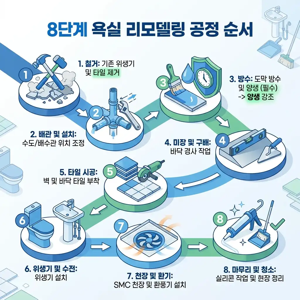 아파트 욕실 리모델링 순서 8단계 공정 흐름도 인포그래픽