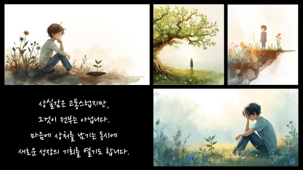 상실은 고통스럽지만, 그것이 전부는 아닙니다. 마음에 상처를 남기는 동시에 새로운 성장의 기회를 열기도 합니다에 관한 그림